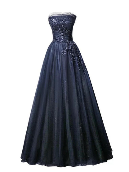 Modest Ball Gown Strapless Navy Blue Tulle 18th Birthday Elegant Outfit Formal Long Prom Dresses N4152