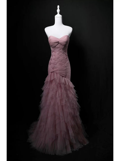 Elegant Mermaid Sweetheart Pink Pleated Tulle 18th Birthday Elegant Outfit Formal Long Prom Dresses N4153