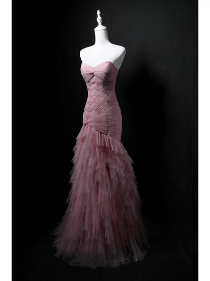 Elegant Mermaid Sweetheart Pink Pleated Tulle 18th Birthday Elegant Outfit Formal Long Prom Dresses N4153
