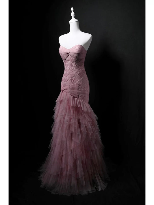 Elegant Mermaid Sweetheart Pink Pleated Tulle 18th Birthday Elegant Outfit Formal Long Prom Dresses N4153