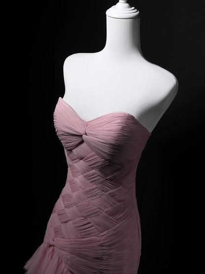 Elegant Mermaid Sweetheart Pink Pleated Tulle 18th Birthday Elegant Outfit Formal Long Prom Dresses N4153