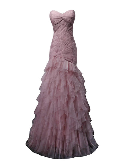 Elegant Mermaid Sweetheart Pink Pleated Tulle 18th Birthday Elegant Outfit Formal Long Prom Dresses N4153