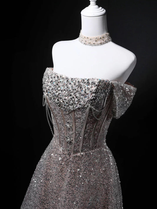 Sparkly Ball Gown Off The Shoulder Sequin Birthday With Beaded Elegant Outfit Formal Prom Dresses N4156