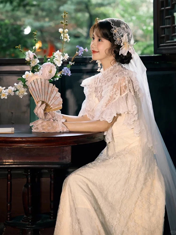 French Style Wedding Dresses A line High Neck White Lace Long Summer Garden Wedding Dress N4158
