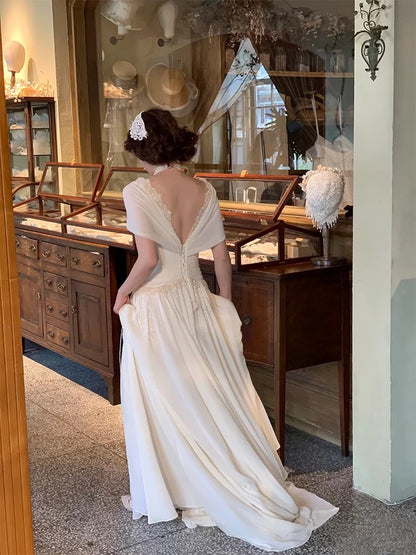 French Style Wedding Dresses A line V Neck White Lace Chiffon Long Summer Garden Wedding Dress N4159