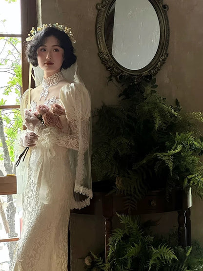 Vintage Mermaid High Neck With Long Sleeves Lace Summer Brides Dress White Wedding Dresses RB3710