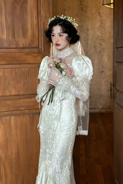 Vintage Mermaid High Neck With Long Sleeves Lace Summer Brides Dress White Wedding Dresses RB3710