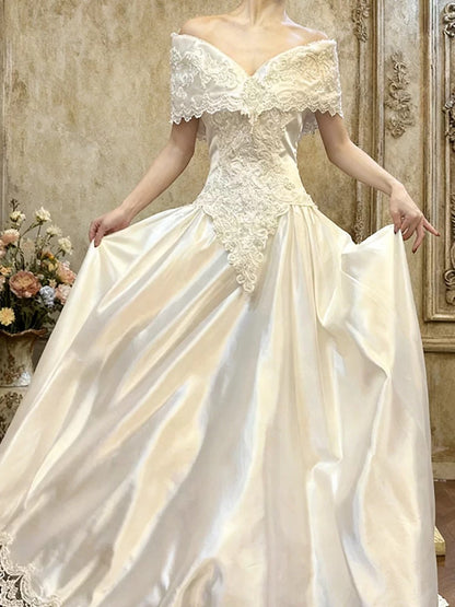 Vintage A line Off The Shoulder With Short Sleeves Lace Satin Summer Brides Dress White Wedding Dresses RB3711