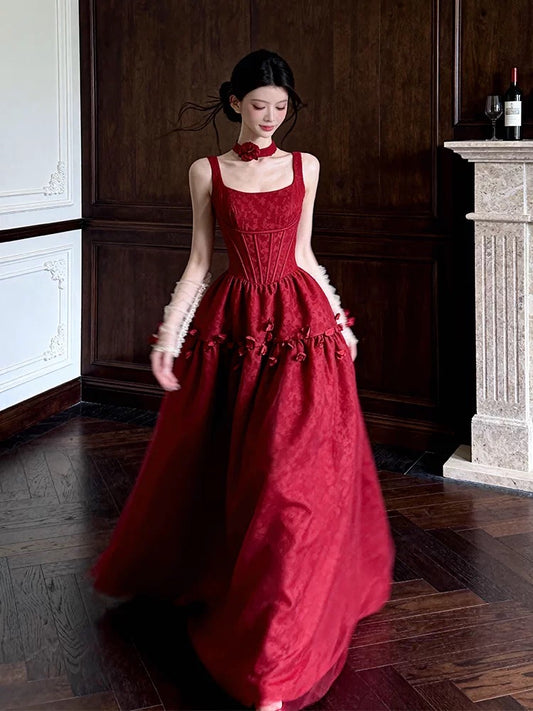 Princess Prom Dresses Ball Gowns Square Neck Sleeveless Burgundy Lace Evening Long Formal Dress RB3712