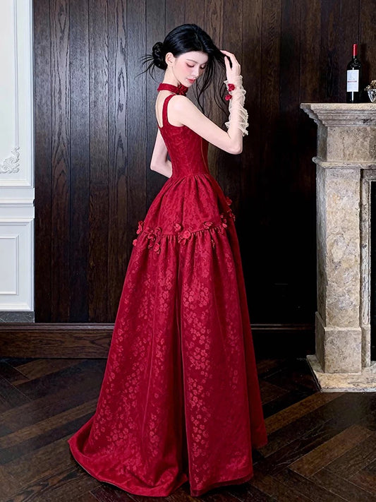 Princess Prom Dresses Ball Gowns Square Neck Sleeveless Burgundy Lace Evening Long Formal Dress RB3712