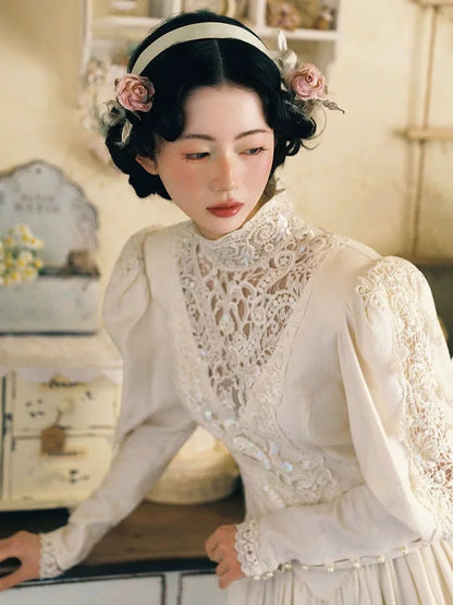 Vintage A line High Neck With Long Sleeves Lace Satin Summer Bridal Gown White Wedding Dresses RB3713