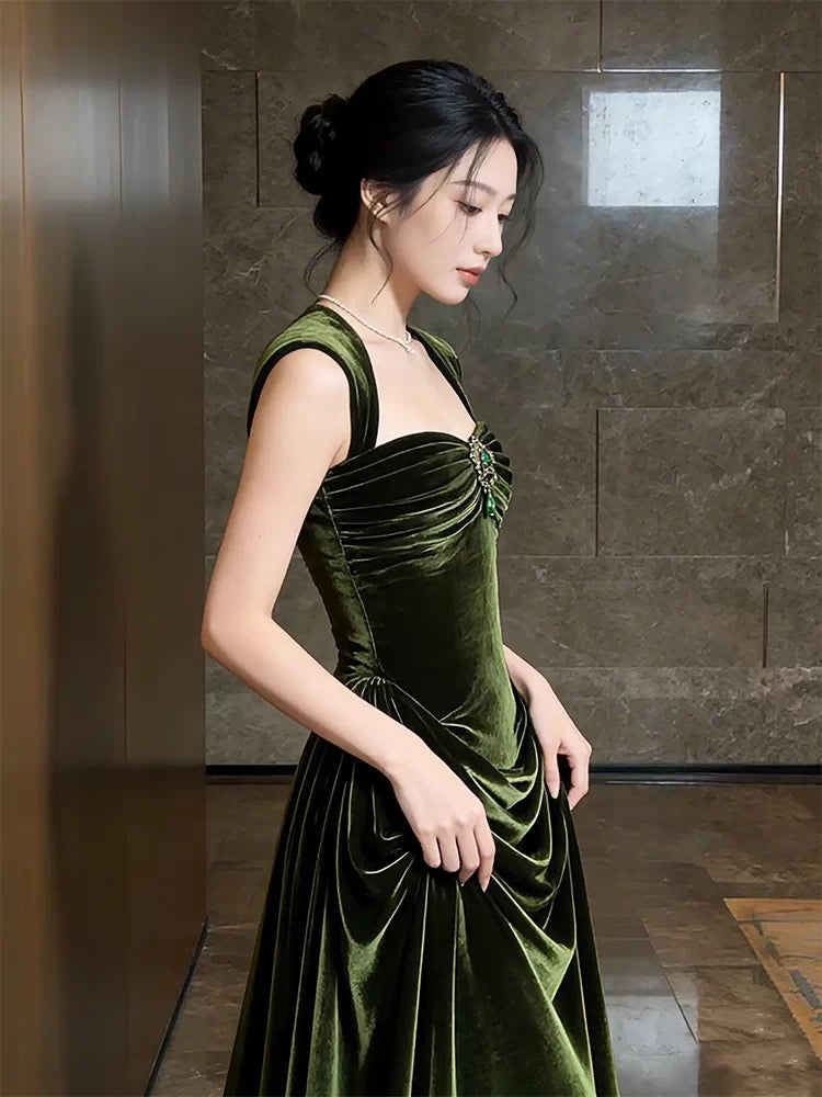 Princess Prom Dresses Sheath Square Neck Sleeveless Olive Green Velvet Evening Long Formal Dress RB3714