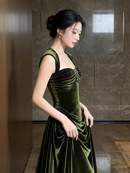 Princess Prom Dresses Sheath Square Neck Sleeveless Olive Green Velvet Evening Long Formal Dress RB3714