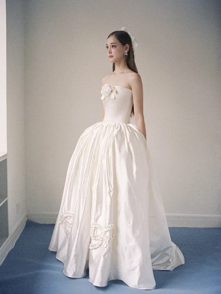 Timeless Ball Gowns Strapless White With Pearls Satin Bridal Gown Garden Wedding Dresses RB3716