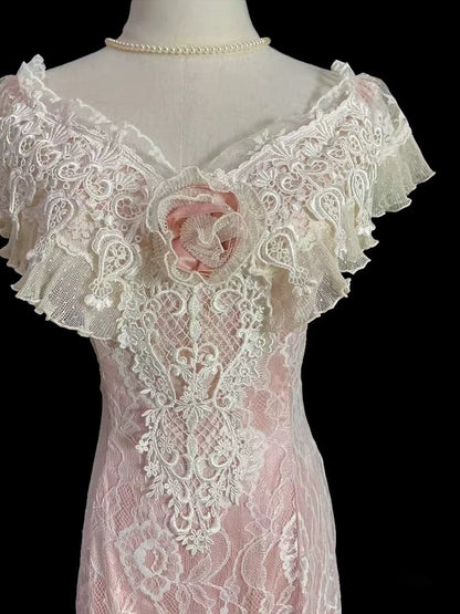 Vintage Sheath V Neck With Cap Sleeves Lace Summer Bridal Gown White Pink Wedding Dresses RB3717