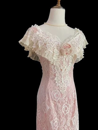 Vintage Sheath V Neck With Cap Sleeves Lace Summer Bridal Gown White Pink Wedding Dresses RB3717
