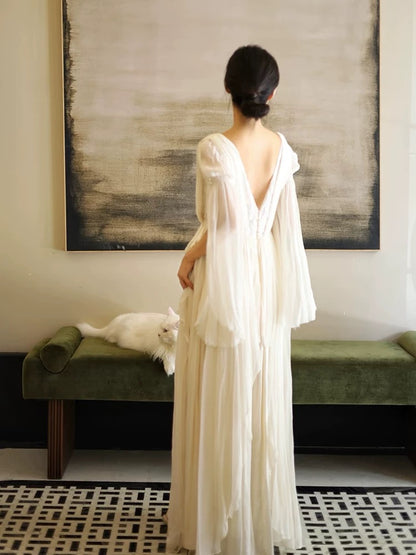 Timeless A Line V Neck Chiffon White With Ruffles Bridal Gown Garden Wedding Dresses RB3718