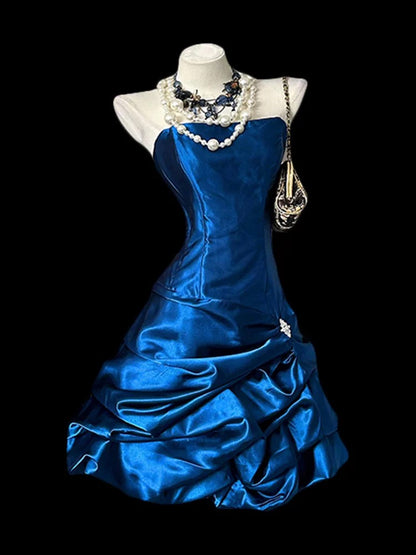 Vintage Sheath Strapless Royal Blue Satin Short Inspo 2000s Hoco Gowns Inspo Homecoming Dresses N1670
