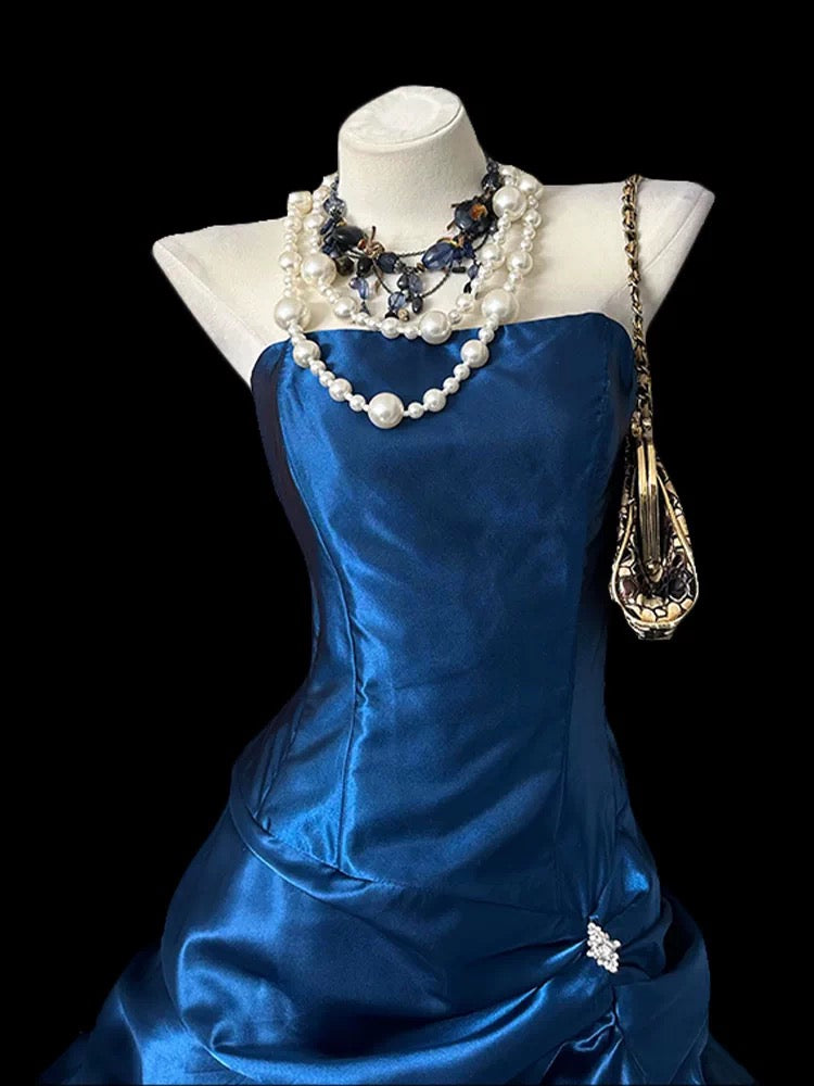 Vintage Sheath Strapless Royal Blue Satin Short Inspo 2000s Hoco Gowns Inspo Homecoming Dresses N1670