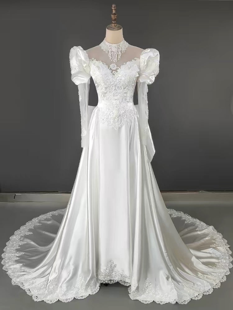 Vintage A line High Neck With Long Sleeves Lace Summer Bridal Gown White Satin Wedding Dresses RB3719