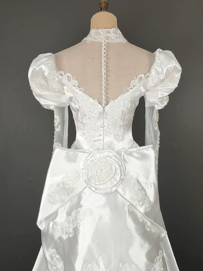 Vintage A line High Neck With Long Sleeves Lace Summer Bridal Gown White Satin Wedding Dresses RB3719