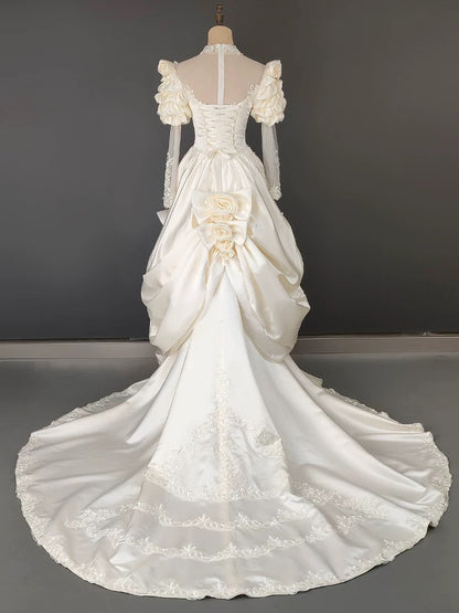 Vintage A line High Neck With Long Sleeves Ruffled Flowers Summer Bridal Gown Ivory Satin Wedding Dresses RB3723