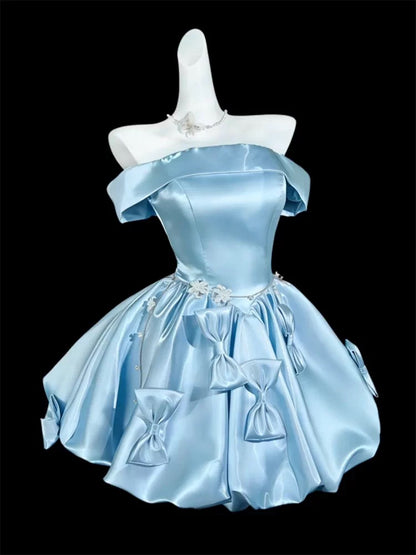 Cute Ball Gown Off The Shoulder Blue Satin Short Mini Party Dress Cocktail Homecoming Dresses N4160