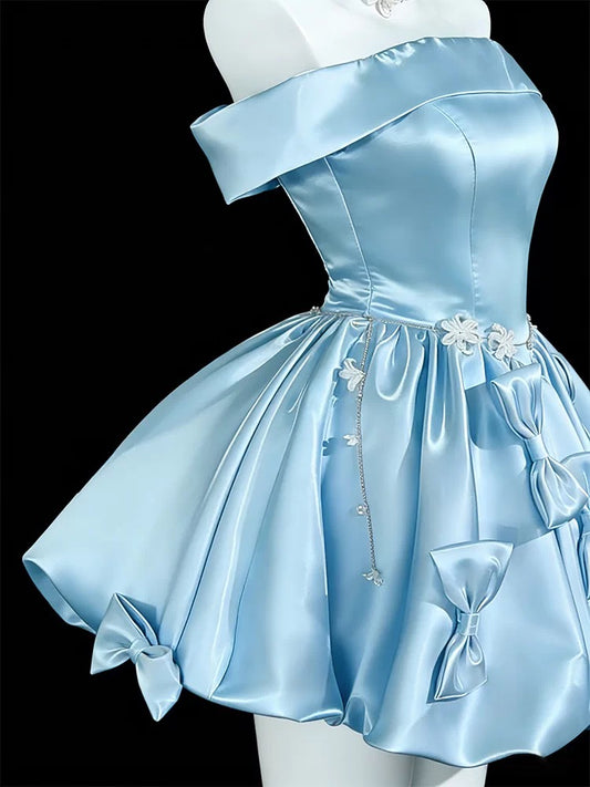 Cute Ball Gown Off The Shoulder Blue Satin Short Mini Party Dress Cocktail Homecoming Dresses N4160