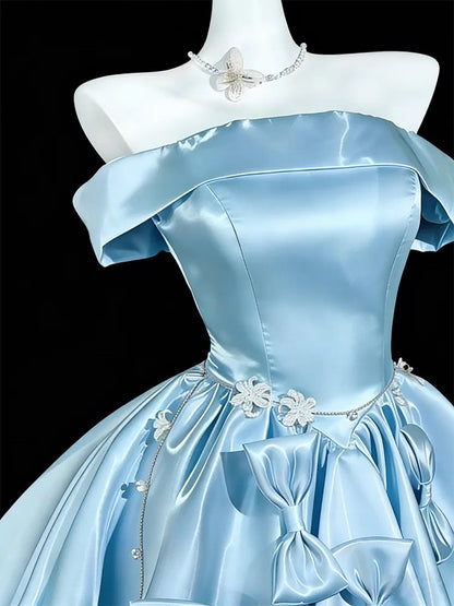Cute Ball Gown Off The Shoulder Blue Satin Short Mini Party Dress Cocktail Homecoming Dresses N4160