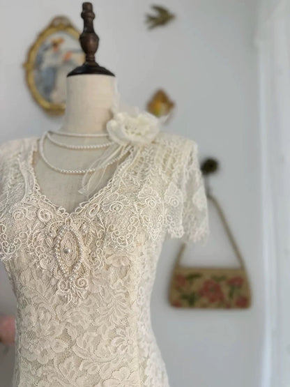 Vintage Wedding Dresses A line V Neck White Lace Short Sleeves Summer Garden Wedding Dress N4162