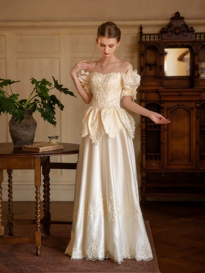 Vintage Wedding Dresses A line Off The Shoulder Satin Short Sleeves Summer Garden Wedding Dress N4163