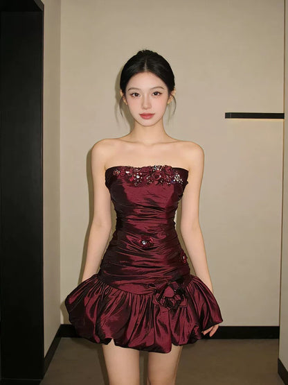 Cute Sheath Strapless Burgundy Satin Short Mini Party Dress Cocktail Homecoming Dresses N4165
