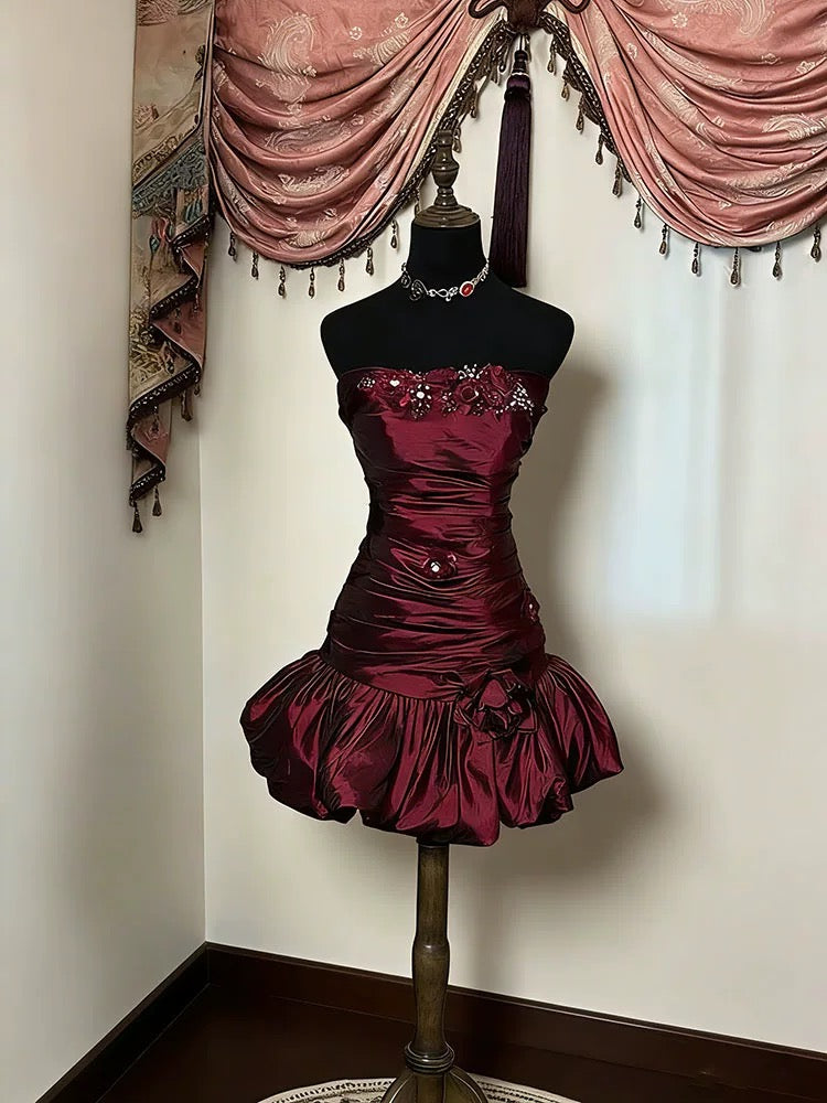 Cute Sheath Strapless Burgundy Satin Short Mini Party Dress Cocktail Homecoming Dresses N4165