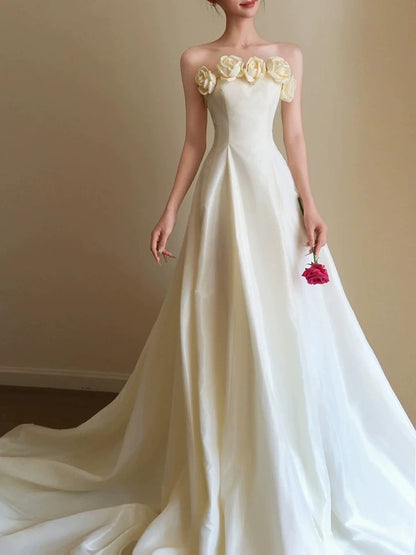 French Style Wedding Dresses A line Strapless With Flowers Summer Garden Wedding Dress N4168