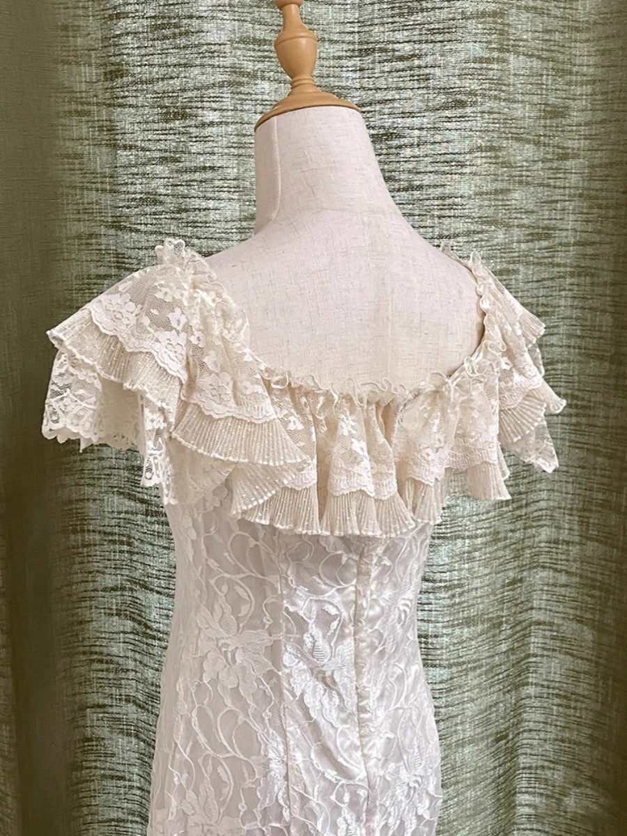 French Style Wedding Dresses Mermaid V Neck Lace Short Sleeves Summer Garden Wedding Dress N4166