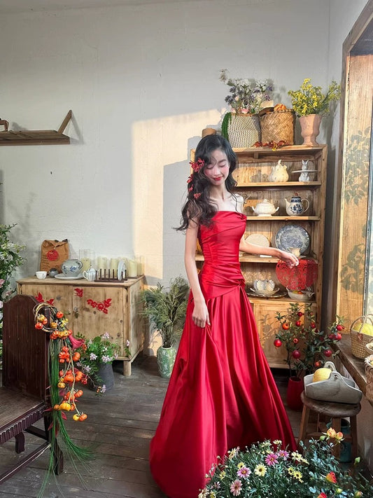Modest Mermaid Strapless Red Satin 18th Birthday Elegant Outfit Formal Long Prom Dresses N4167