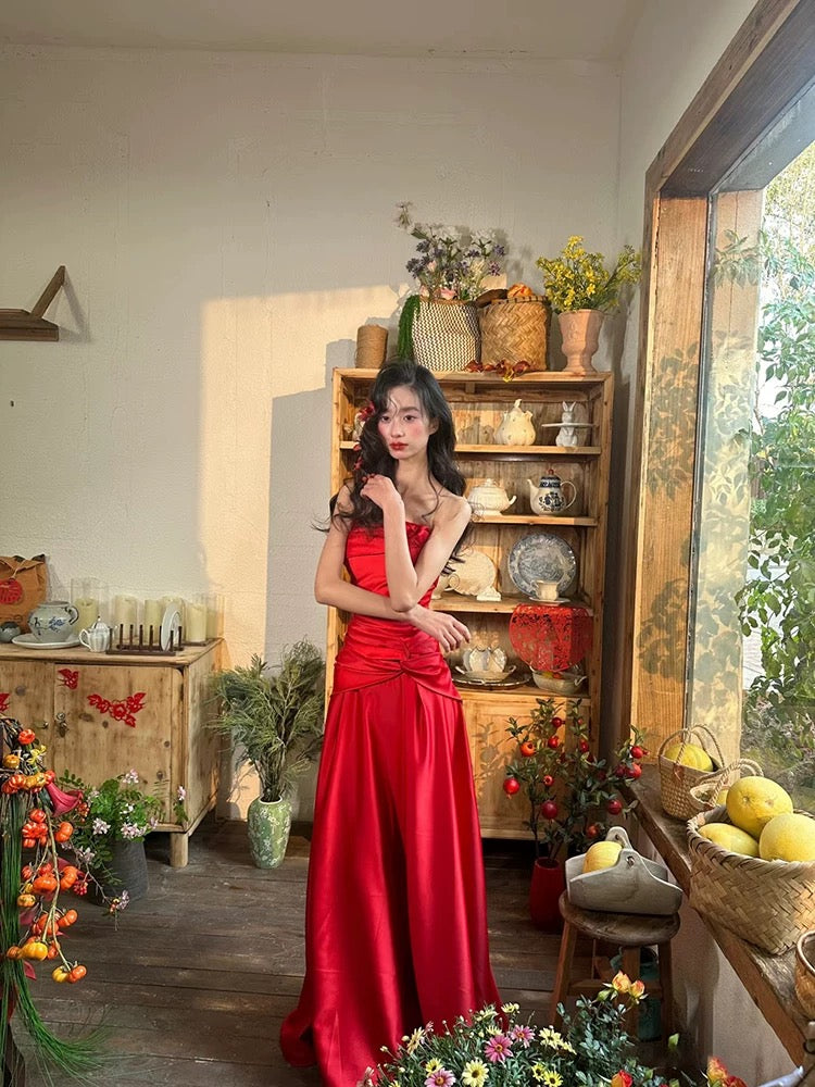 Modest Mermaid Strapless Red Satin 18th Birthday Elegant Outfit Formal Long Prom Dresses N4167
