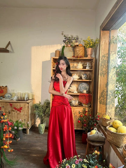 Modest Mermaid Strapless Red Satin 18th Birthday Elegant Outfit Formal Long Prom Dresses N4167