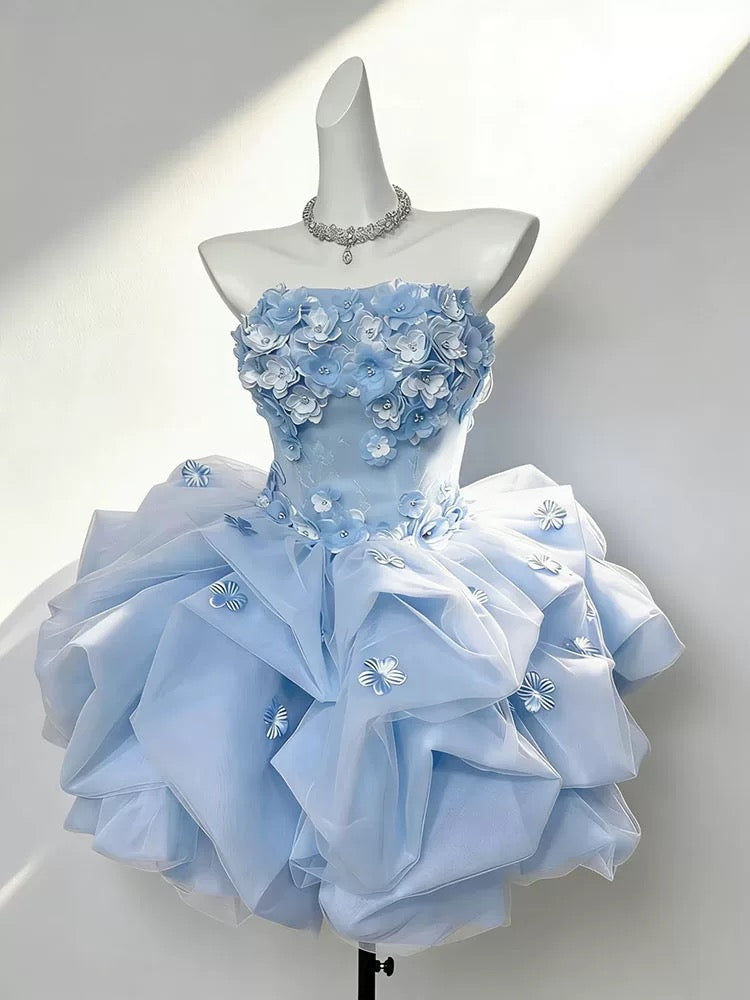 Pretty Ball Gown Strapless Blue With Flowers Short Mini Party Dress Cocktail Homecoming Dresses N4169