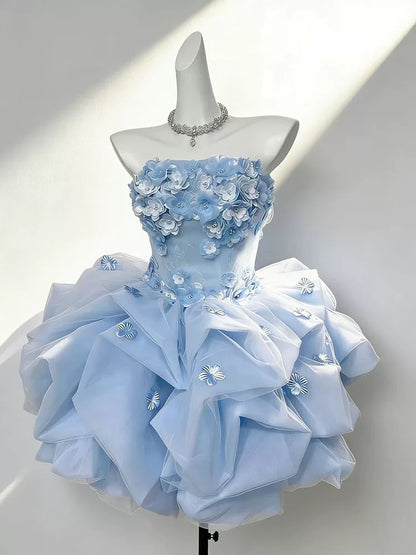 Pretty Ball Gown Strapless Blue With Flowers Short Mini Party Dress Cocktail Homecoming Dresses N4169