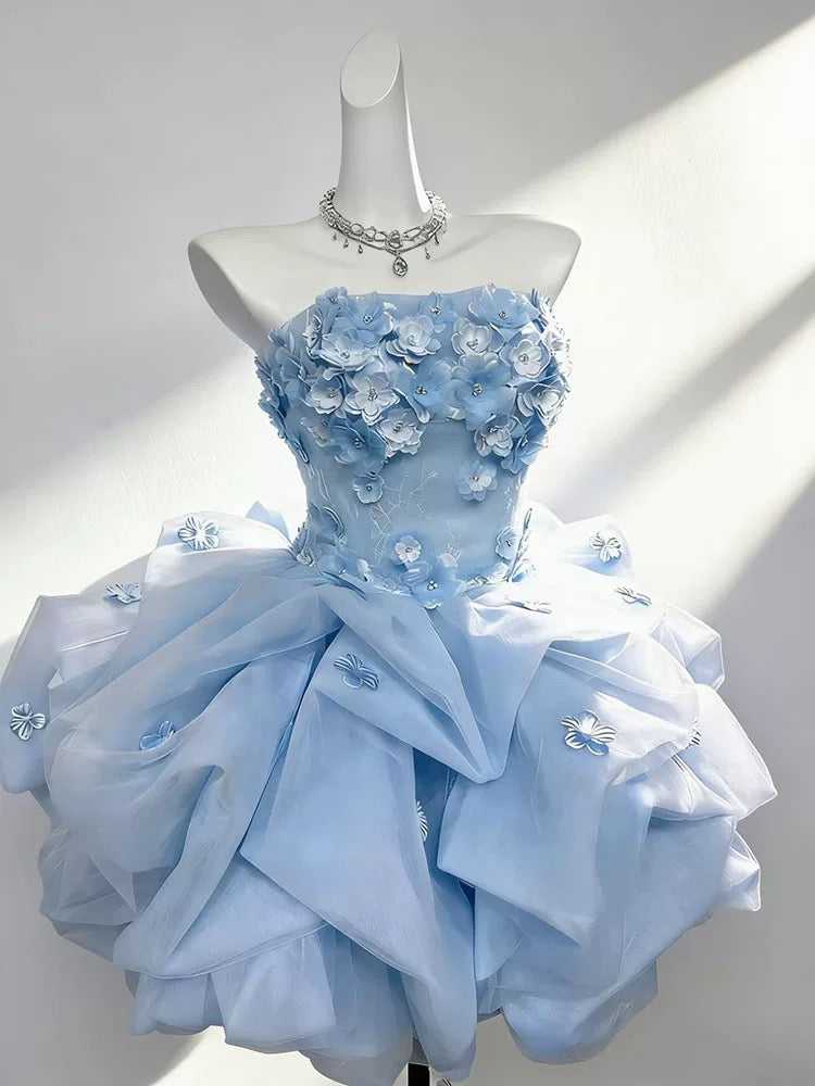 Pretty Ball Gown Strapless Blue With Flowers Short Mini Party Dress Cocktail Homecoming Dresses N4169