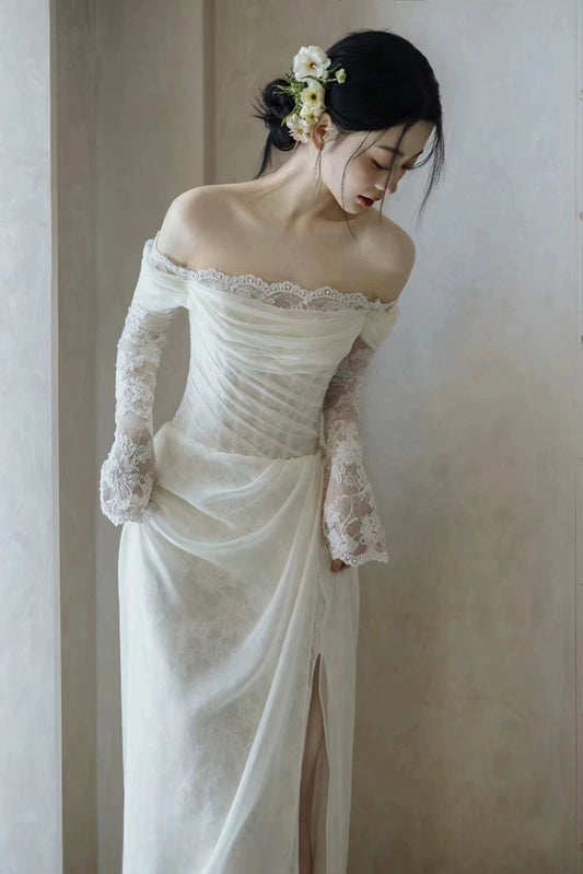 French Style Wedding Dresses Mermaid Off The Shoulder Lace With Pleated Summer Garden Wedding Dress N4171