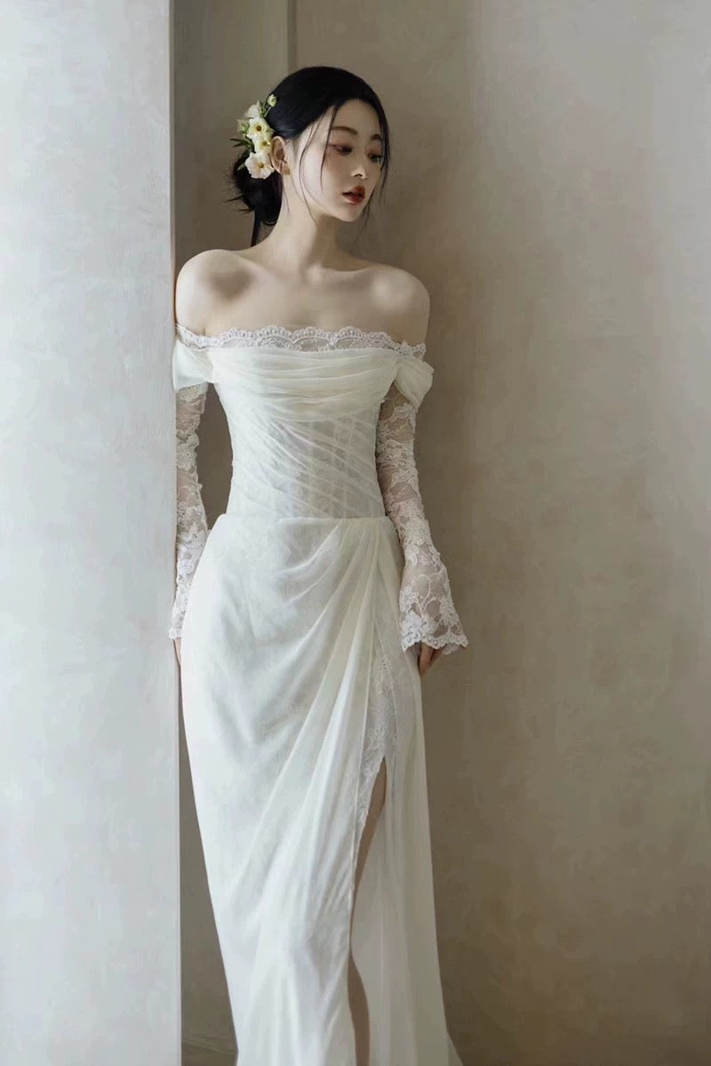 French Style Wedding Dresses Mermaid Off The Shoulder Lace With Pleated Summer Garden Wedding Dress N4171