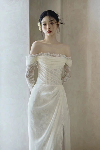 French Style Wedding Dresses Mermaid Off The Shoulder Lace With Pleated Summer Garden Wedding Dress N4171
