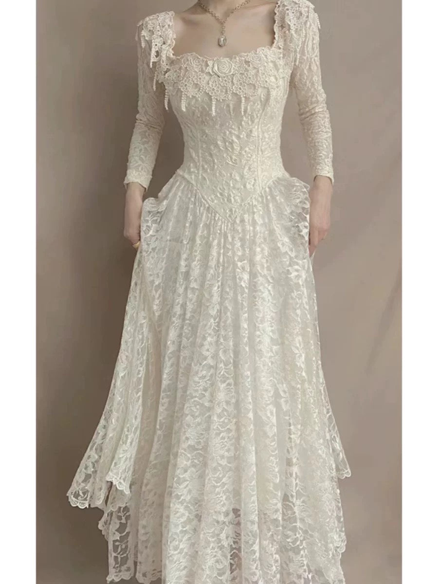 French Style Wedding Dresses A line Square Neck Lace With Sleeves Summer Boho Wedding Dress N4175