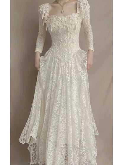 French Style Wedding Dresses A line Square Neck Lace With Sleeves Summer Boho Wedding Dress N4175