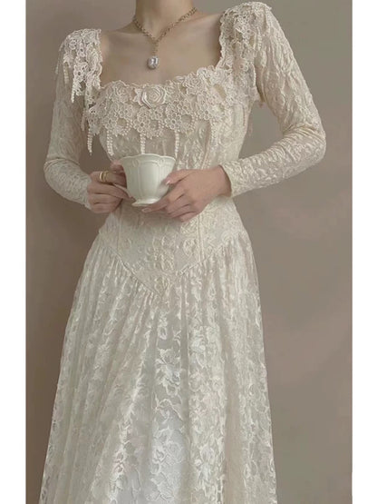 French Style Wedding Dresses A line Square Neck Lace With Sleeves Summer Boho Wedding Dress N4175