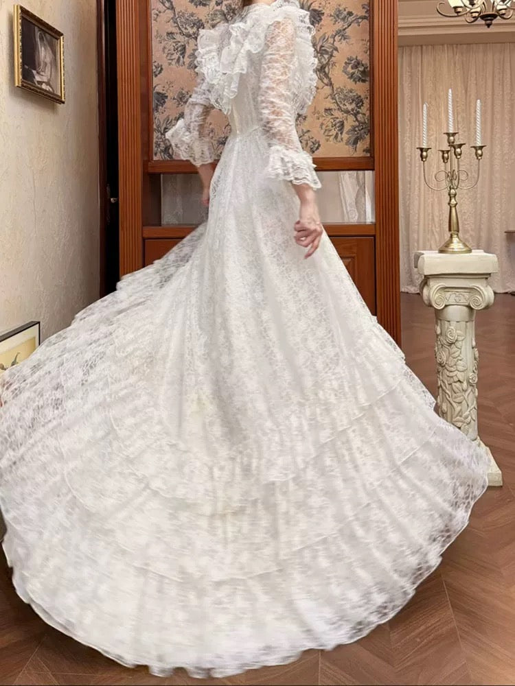 French Style Wedding Dresses A line High Neck Lace With Long Sleeves Summer Boho Wedding Dress N4176
