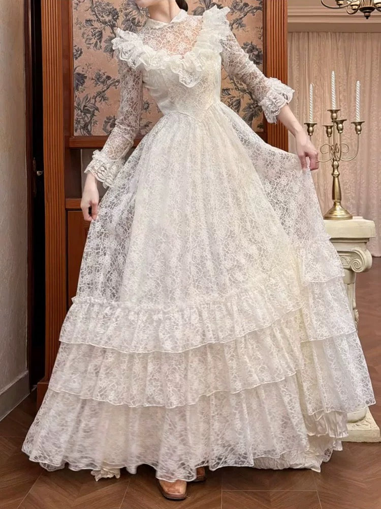 French Style Wedding Dresses A line High Neck Lace With Long Sleeves Summer Boho Wedding Dress N4176
