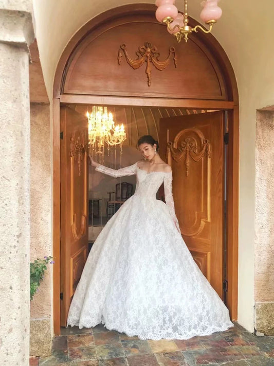 Simple Wedding Dresses Ball Gowns Off The Shoulder White Lace Summer Garden Wedding Dress N4282